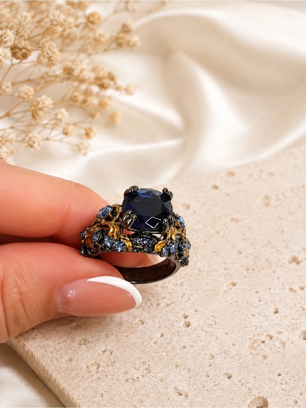 Vintage Blue Crystal Statement Ring – Gold & Gunmetal Tone - Picture 1 of 3